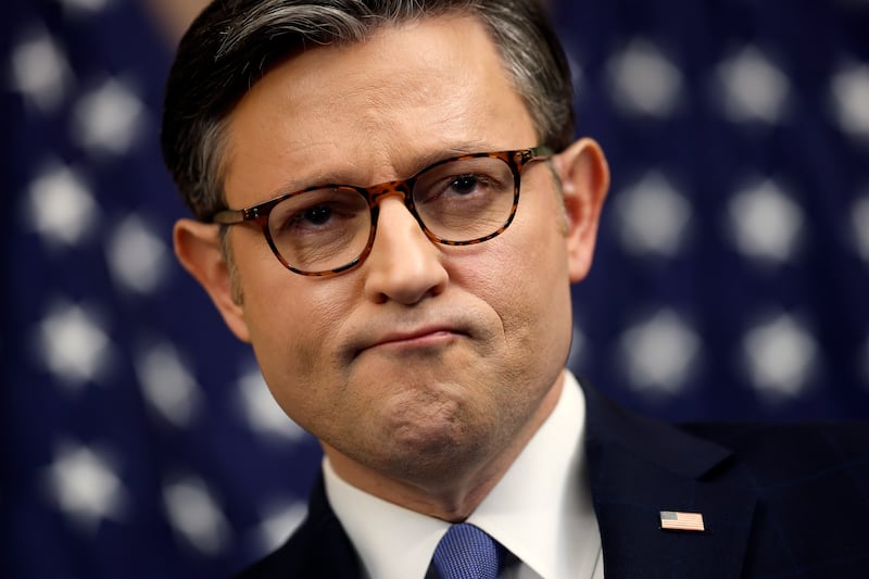 WASHINGTON, DC - OCTOBER 09: U.S. Speaker of the House Mike Johnson (R-LA) attends a news conference on the government shutdown at the U.S. Capitol on October 09, 2025 in Washington, DC. The government remains shut down after Congress failed to reach a funding deal last week. (Photo by Kevin Dietsch/Getty Images)