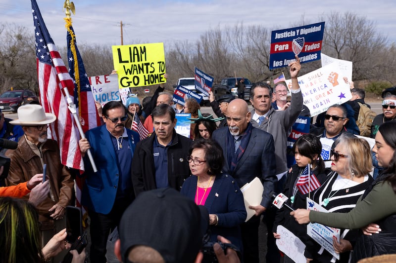 LULAC National Vice President for Women Lupe Torres speaks during a protest hours after five-year-old Liam Conejo Ramos and his father, Alexander Conejo Arias, returned home after a judge ordered them to be released from Immigration and Customs Enforcement detention at the South Texas Family Residential Center in Dilley, Texas, U.S., February 1, 2026.