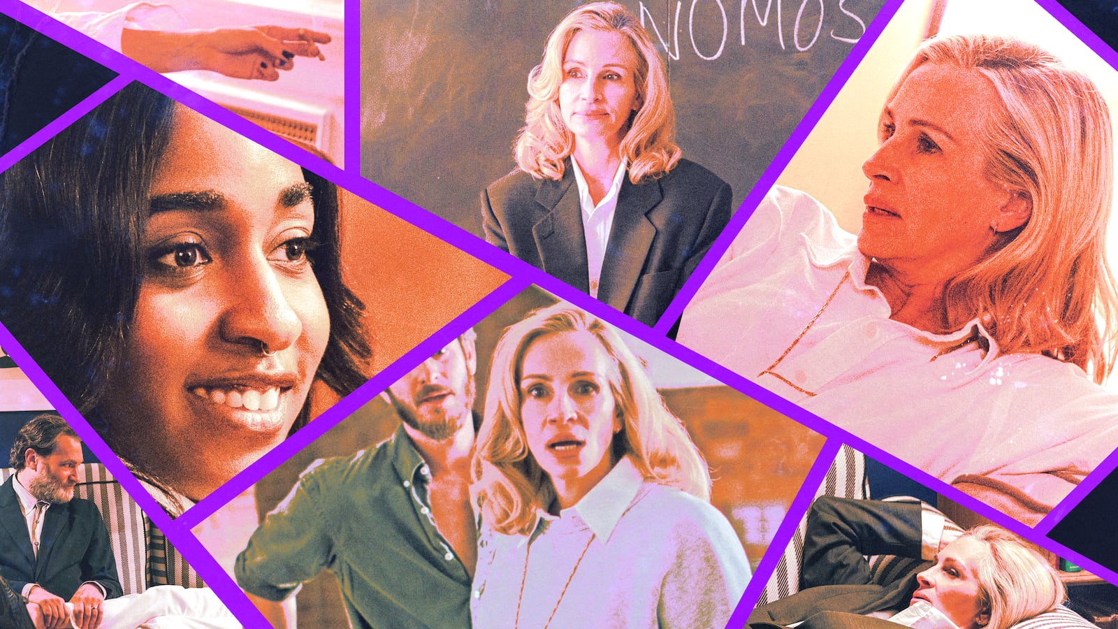 A photo illustration of Julia Roberts, Andrew Garfield, Ayo Edebiri, and Michael Stuhlbarg.