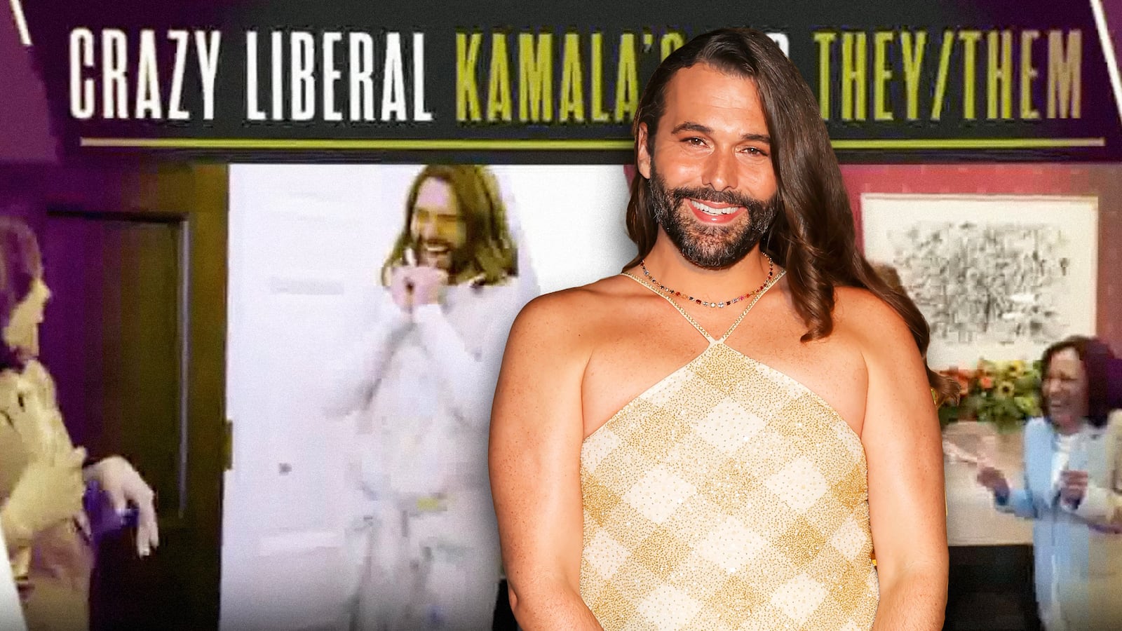 A photo illustration of Jonathan Van Ness and a MAGA PAC ad.
