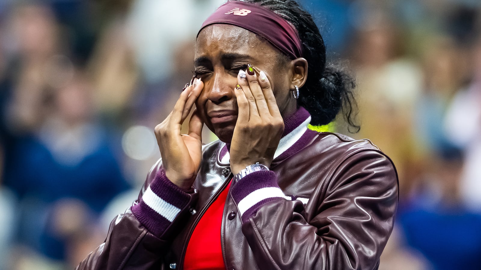NEW YORK, NEW YORK - AUGUST 28: Coco Gauff of the United States gets emotional after defeating Donna Vekic of Croatia in the second round on Day 5 of the US Open at USTA Billie Jean King National Tennis Center on August 28, 2025 in New York City (Photo by Robert Prange/Getty Images)