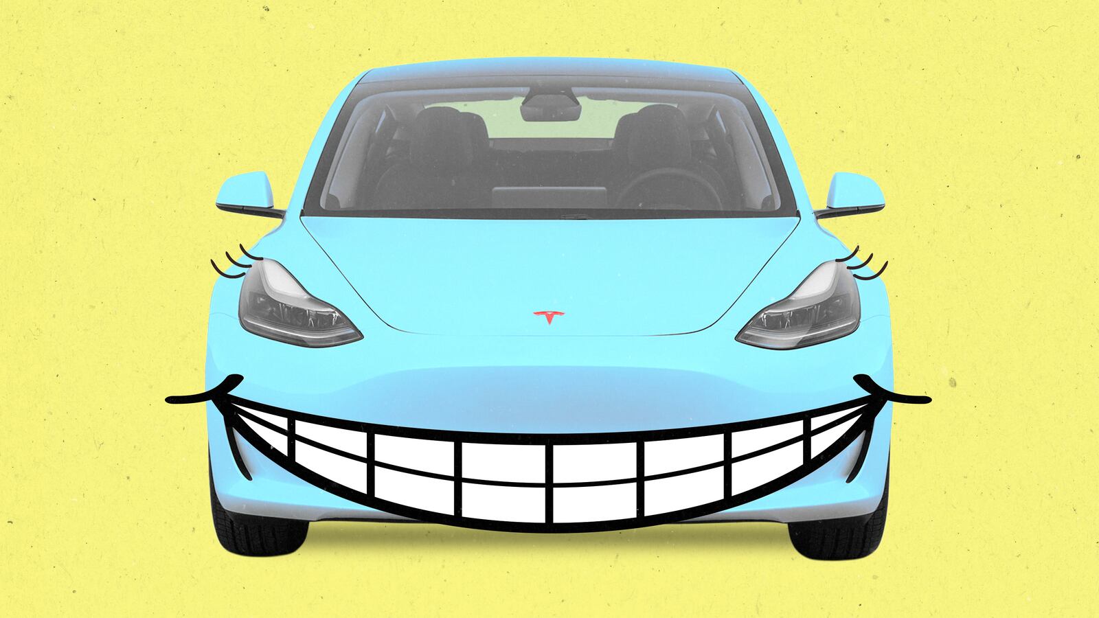 A photo illustration of a Tesla Model 3 with a smiling face.