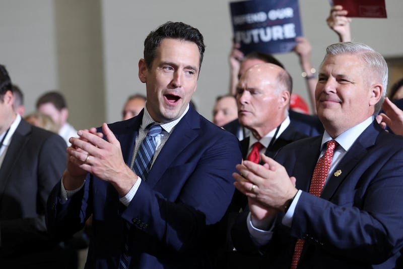Iowa Republican gubernatorial candidate Zach Lahn and Iowa Republican Congressional candidate Chris McGowan listen as US Vice President JD Vance speaks during a Republican National Committee’s Midterm Rally at the Mid-America Center, in Council Bluffs, Iowa, US, September 18, 2026. Anna Moneymaker/Pool via REUTERS