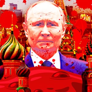 A photo illustration of Vladimir Putin and a blood-soaked Moscow, Russia city skyline.