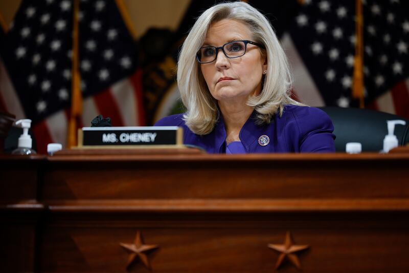 WASHINGTON, DC - DECEMBER 19: U.S. Rep. Liz Cheney (R-WY), Vice Chairwoman of the Select Committee to Investigate the January 6th Attack on the U.S. Capitol, participates in the last public meeting in the Canon House Office Building on Capitol Hill on December 19, 2022 in Washington, DC. The committee is expected to approve its final report and vote on referring charges to the Justice Department. (Photo by Chip Somodevilla/Getty Images)