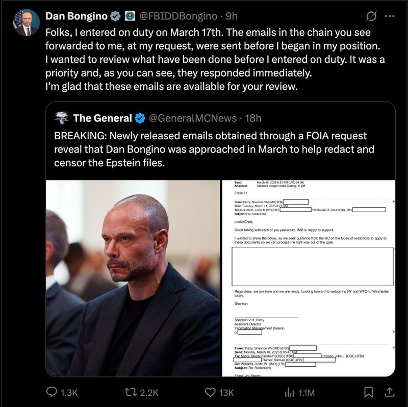 Having based his career on demands to release the Epstein files, Bongino felt forced to address the matter publicly for the first time in more than six months, following the release of an email showing he had known about the government's redaction process since he started work as the FBI's Deputy Director.