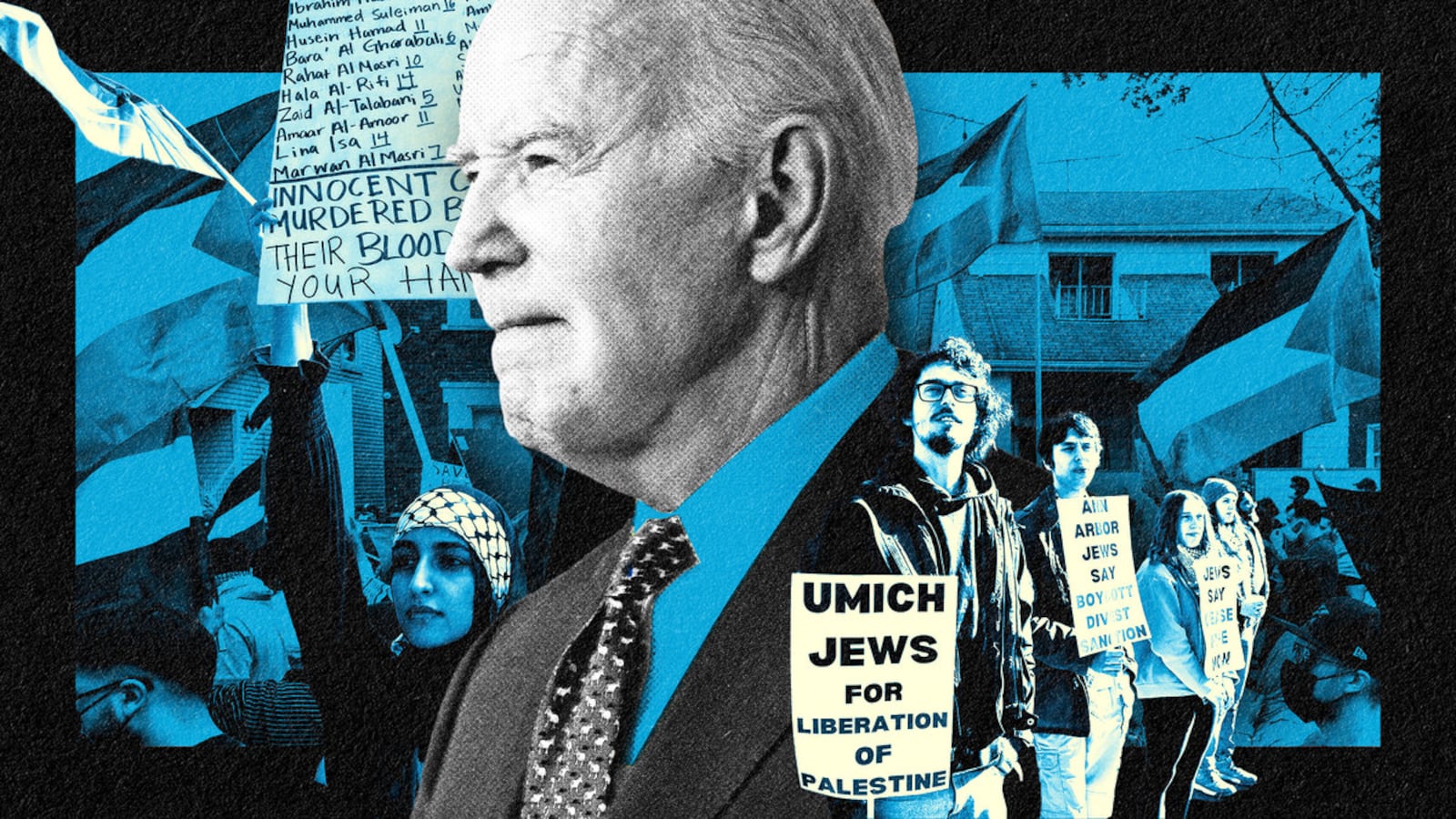 A photo illustration of Joe Biden surrounded by pictures of pro-Palestinian protesters.