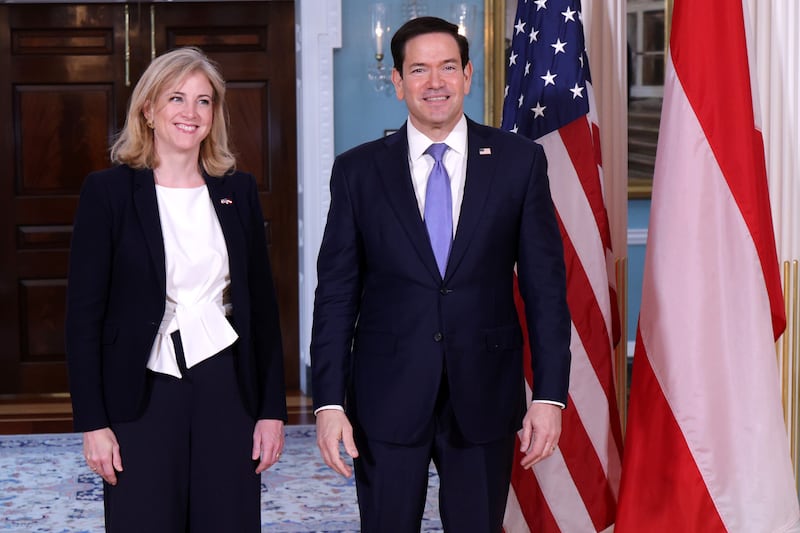 Secretary of State Marco Rubio welcomes Austrian Foreign Minister Beate Meinl-Reisinger to the State Department on August 11, 2026 in Washington, DC where he did not answer a question about Trump secretly ditching the former Air Force One while leaving Turkey last month.