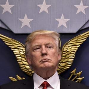 TOPSHOT - US President Donald Trump speaks following the ceremonial swearing-in of James Mattis as secretary of defense on January 27, 2017, at the Pentagon in Washington, DC. (Photo by MANDEL NGAN / AFP) (Photo by MANDEL NGAN/AFP via Getty Images)