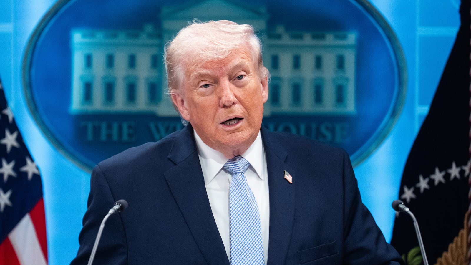 President Donald Trump, pictured April 6, is touting victory in the Iran war, but the country is already planning to charge tankers going through the Strait of Hormuz.