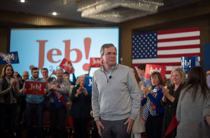 Republican Presidential candidate Jeb Bush speaks at a campaign event in Des Moines, Iowa, February 1, 2016, ahead of the Iowa Caucus. Iowa votes February 1 in the first test of the US presidential race, with Republican frontrunner Donald Trump looking to capitalize on his stunning campaign success and Hillary Clinton defending her status as the Democratic favorite. (Photo by Jim WATSON / AFP) (Photo by JIM WATSON/AFP via Getty Images)