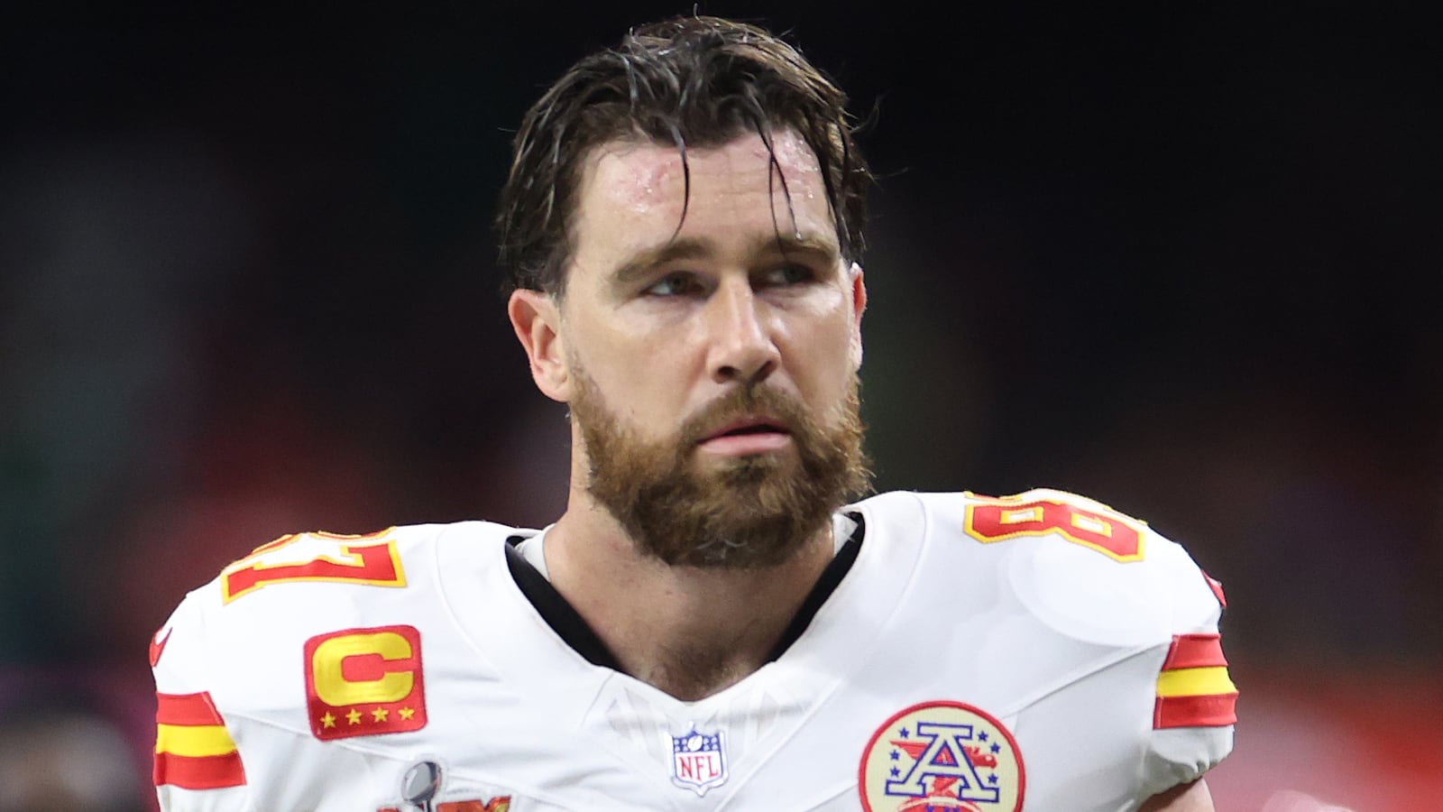 Travis Kelce #87 of the Kansas City Chiefs walks off the field at half time against the Philadelphia Eagles during Super Bowl LIX at Caesars Superdome on February 09, 2025 in New Orleans, Louisiana.