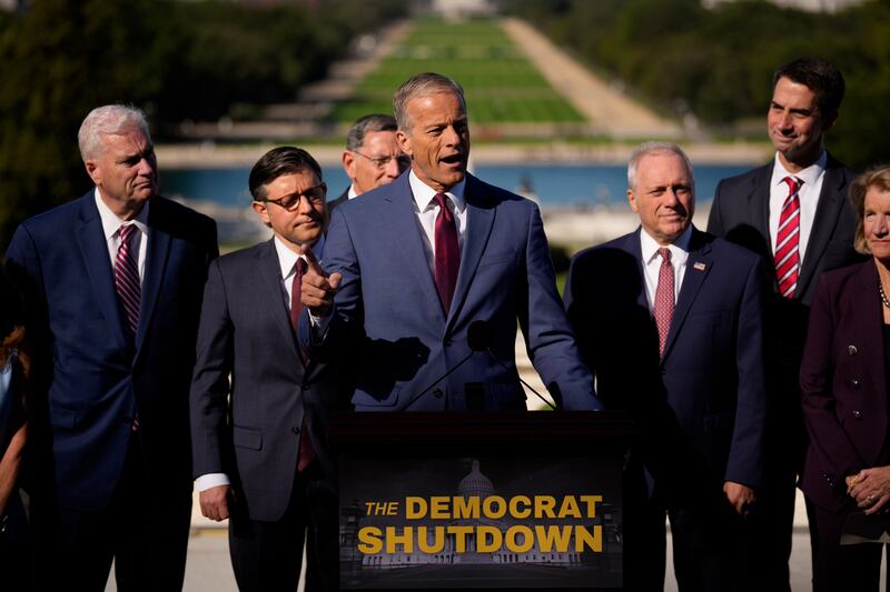 Senate Majority Leader John Thune (R-SD) (C) accompanied by (L-R), House Majority Whip Tom Emmer (R-MN), Speaker of the House Mike Johnson (R-LA), Senate Majority Whip John Barrasso (R-WY), House Majority Leader Steve Scalise (R-LA), Sen. Tom Cotton (R-AR), and Sen. Shelley Moore Capito (R-WV),