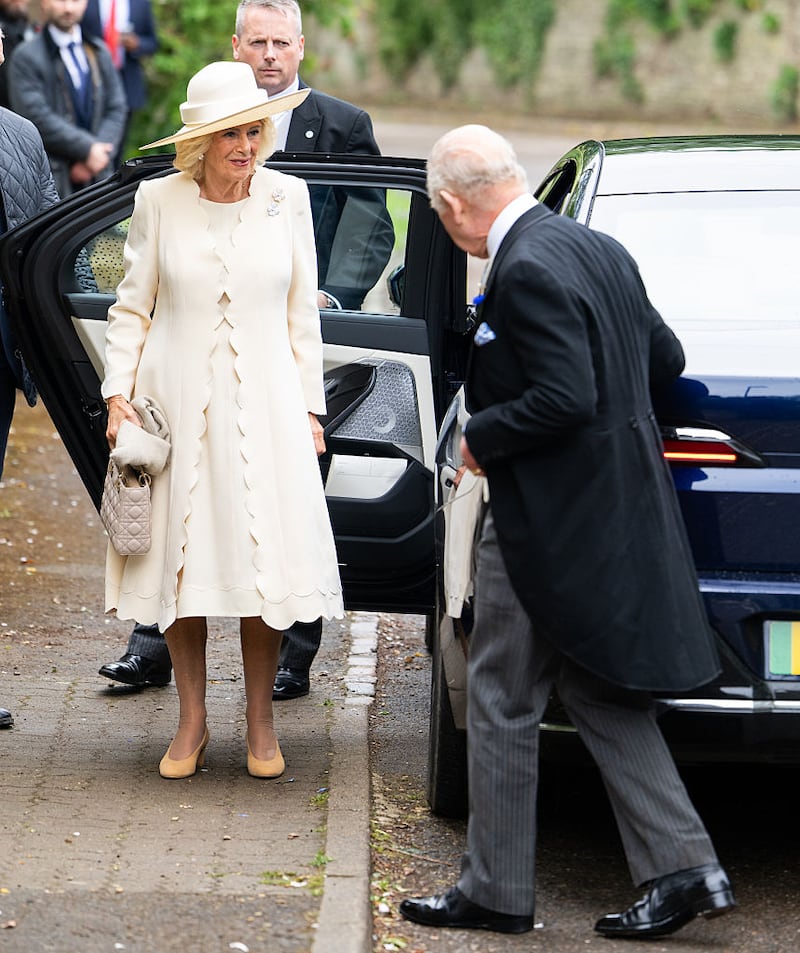 KEMBLE, ENGLAND - JUNE 06: Queen Camilla and King Charles III arrive at the Royal wedding of Peter Phillips and Harriet Sperling at All Saints Church on June 06, 2026 in Kemble, England. (Photo by Samir Hussein/WireImage)