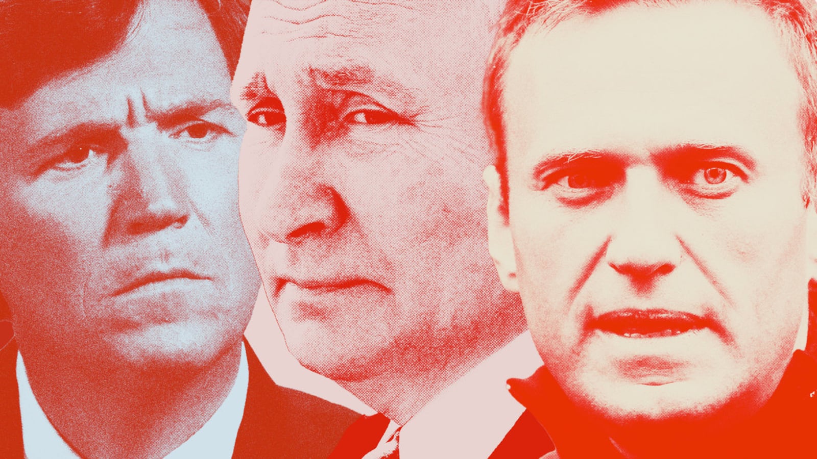 Photo illustration of Tucker Carlson, Vladimir Putin, and Alexi Navalny