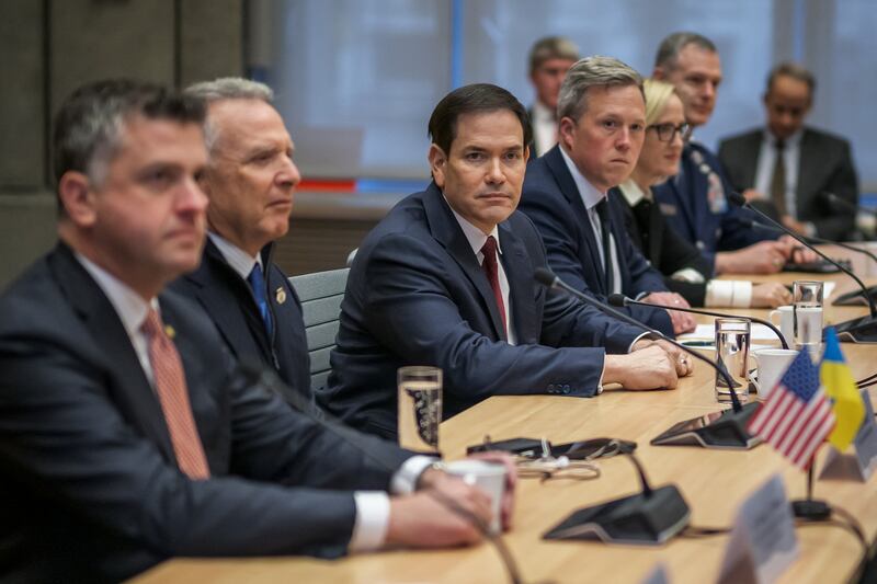 Army Secretary Dan Driscoll seated to the left of Secretary of State Marco Rubio and just down from special envoy Steve Witkoff as they meet with the Ukrainian delegation during discussions on a U.S. plan to end the war in Ukraine on November 23, 2025.