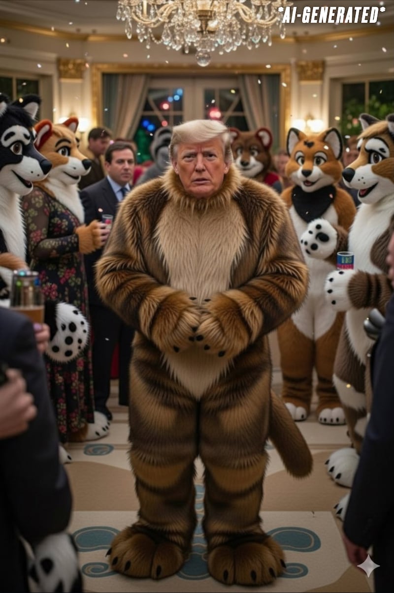 An AI-generated image of Donald Trump in a furry costume.