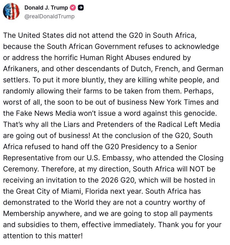 Donald Trump slams South Africa on Truth Social.