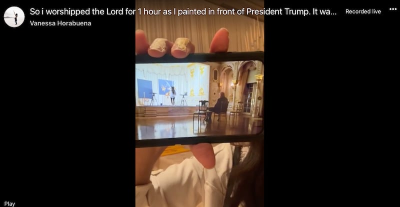 Artist Vanessa Horabuena shares a photo of Donald Trump watching her paint at Mar-a-Lago.