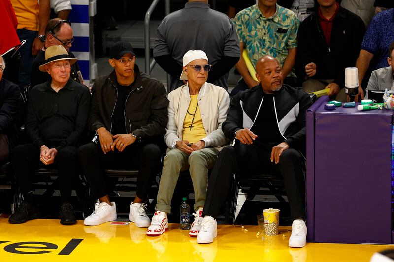 LOS ANGELES, CALIFORNIA - APRIL 28: David Geffen, Donovan Michaels, Jimmy Iovine and Dr. Dre attend a game between the Memphis Grizzlies and the Los Angeles Lakers in the first half in Game Six of the Western Conference First Round Playoffs at Crypto.com Arena on April 28, 2023 in Los Angeles, California. NOTE TO USER: User expressly acknowledges and agrees that, by downloading and/or using this photograph, user is consenting to the terms and conditions of the Getty Images License Agreement. (Photo by Ronald Martinez/Getty Images)