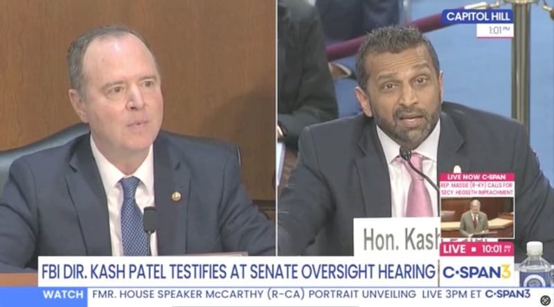 Schiff questioned Patel about the alleged misuse of an FBI SWAT team to protect his girlfriend.
