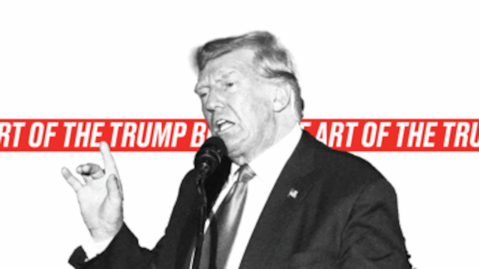 Photo illustrated gif of Donald Trump with a scroll of texting behind him reading, “The Art of the Trump Book”