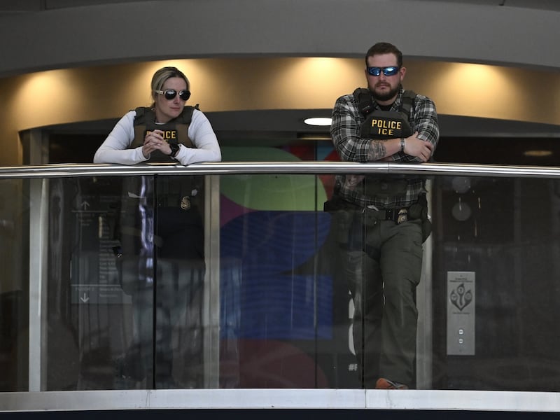 ATLANTA, UNITED STATES - MARCH 24: ICE agents stand at security checkpoints at Hartsfield-Jackson Atlanta International Airport as they assist operations during a partial government shutdown while TSA personnel work without pay, leading to long lines and delays in Atlanta, United States, on March 24, 2026. (Photo by Peter Zay/Anadolu via Getty Images)
