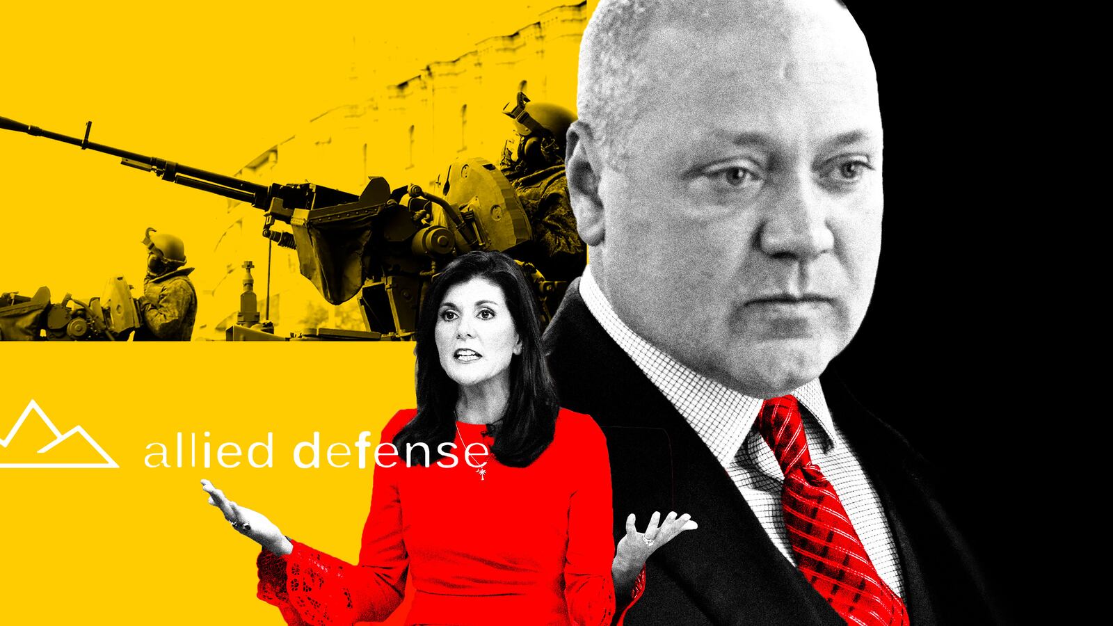 A photo illustration of Michael and Nikki Haley on top of a picture of a tank featured on Michael's business website.