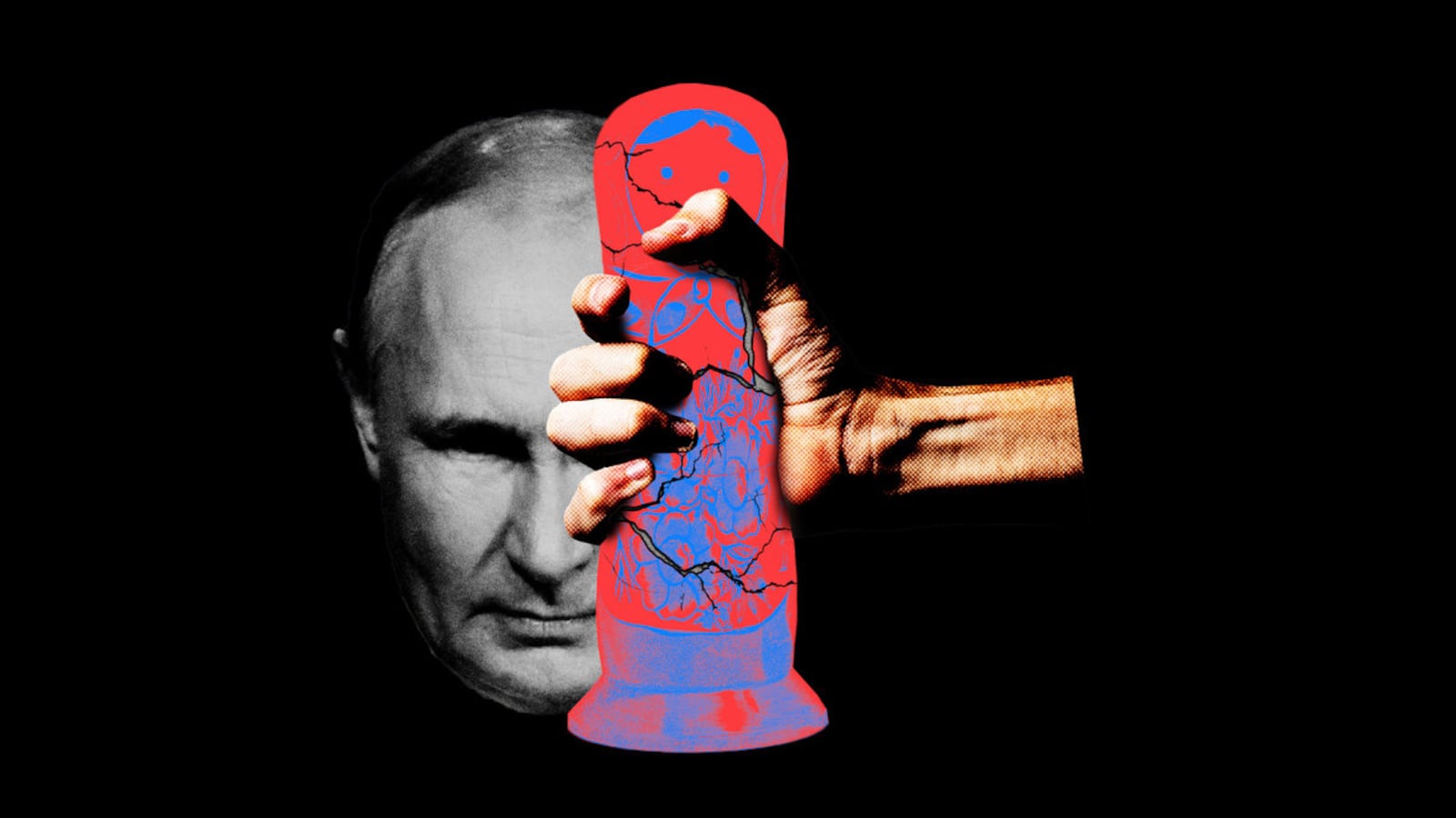Illustration showing Putin in the background, hand crushing a figurine