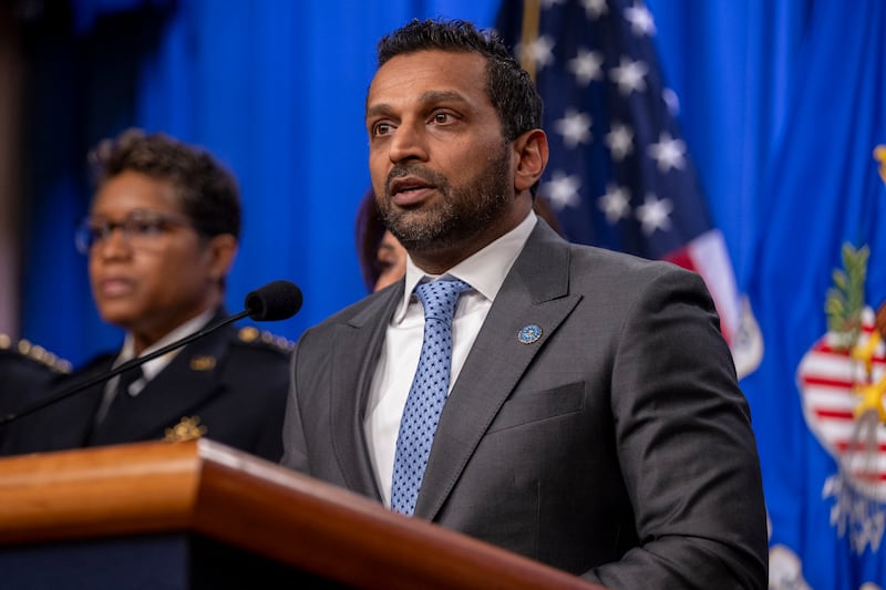 FBI Director Kash Patel speaks during a news conference at the Department of Justice to discuss the arrest of man in connection with pipe bombs placed near the Democratic and Republican party headquarters on the eve of the January 6, 2021 US Capitol riot,  in Washington, DC, on December 4, 2025.