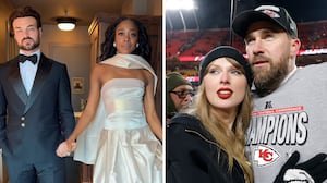 Attendees at Taylor Swift and Travis Kelce's wedding; the couple on the right.