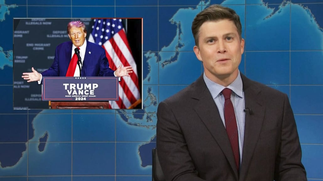 SNL's Colin Jost struggles to keep a straight face while talking about Donald Trump’s latest speech.