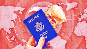 A photo illustration of a hand holding an American passport with Trump behind it and a world map.