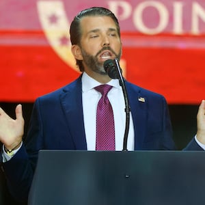 GLENDALE, ARIZONA - SEPTEMBER 21: Donald Trump Jr. speaks during the memorial service for political activist Charlie Kirk at State Farm Stadium on September 21, 2025 in Glendale, Arizona. Kirk, the CEO and co-founder of Turning Point USA, was shot and killed on September 10th while speaking at an event during his "American Comeback Tour" at Utah Valley University. (Photo by Joe Raedle/Getty Images)