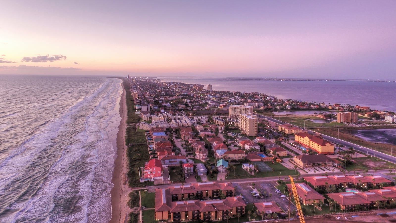 Aerial view of South Padre Island at dawn.