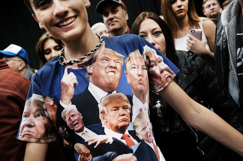 CLEVELAND, OH - OCTOBER 23: A teenager displays a Donald Trump shirt at a Trump rally on October 22, 2016 in Cleveland, Ohio. The election is November 8. (Photo by Spencer Platt/Getty Images)
