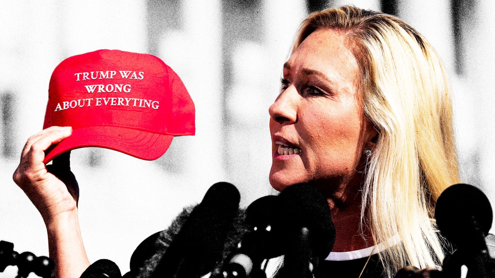 Marjorie Taylor Greene holding a red hat that says "Trump was wrong about everything"