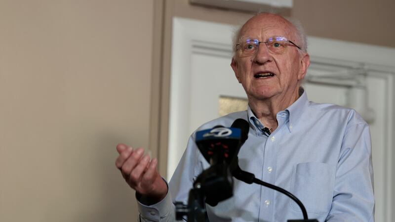 John Clarke, an Emeritus Professor of Physics at the University of California, Berkeley, speaks during a celebration at UC Berkeley on October 07, 2025 in Berkeley, California.