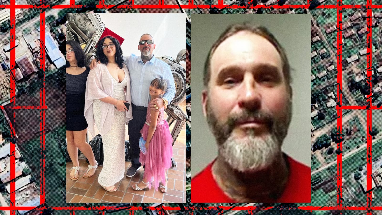 A photo illustration of Roberto Mosquera with his family over a satellite image of Matsapha Correctional Centre in Eswatini, Africa.