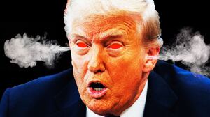 Donald Trump yelling with red eyes and steam coming out of his ears