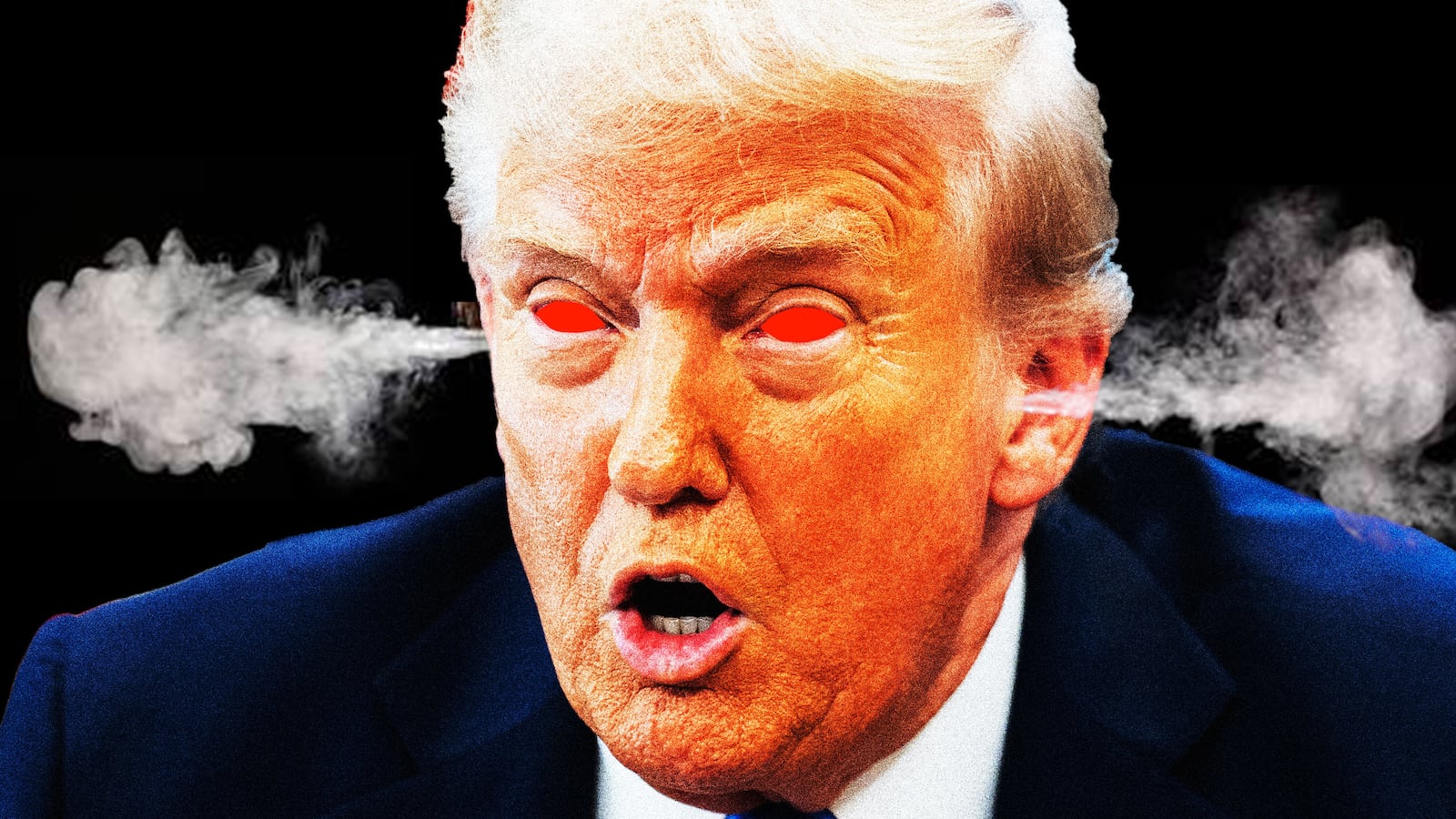 Donald Trump yelling with red eyes and steam coming out of his ears
