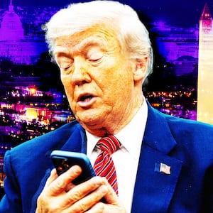 A photo illustration of Donald Trump texting on his phone at night.