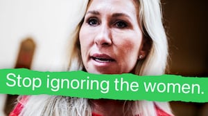 Marjorie Taylor-Greene and a snippet of her text to Donald Trump.