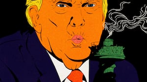 Donald Trump blowing out the torch of the statue of liberty