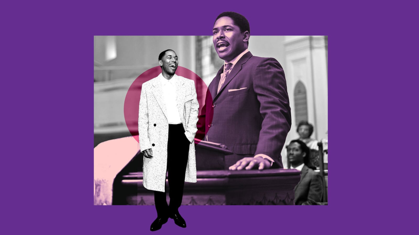 A photo illustration of Kelvin Harrison Jr. in and out of character from Genius: MLK/X