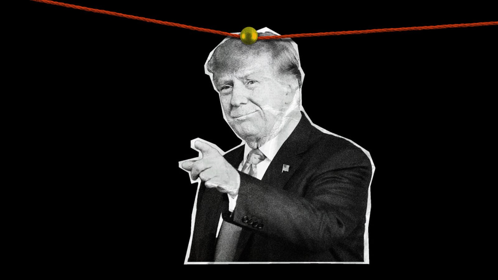 Photo illustration of Donald Trump cut out with red yarn pinned to him