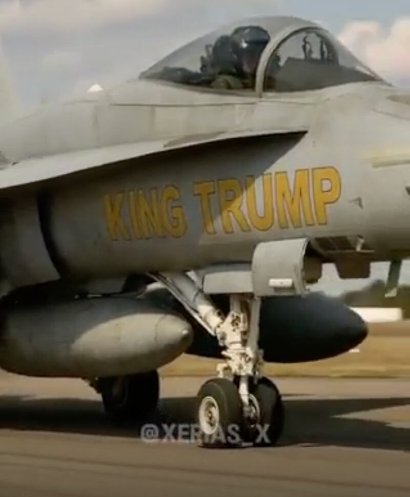 The fighter jet flown by President Donald Trump in his AI-generated clip was emblazoned with the gold text, “King Trump.”