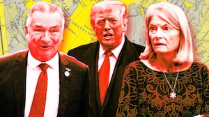 A photo illustration of Lisa Murkowski and Don Bacon with Donald Trump Trump yelling about Greenland.