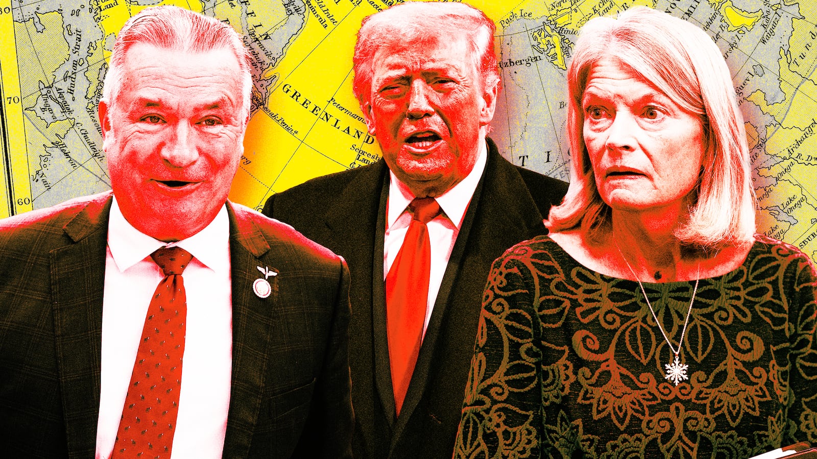 A photo illustration of Lisa Murkowski and Don Bacon with Donald Trump Trump yelling about Greenland.