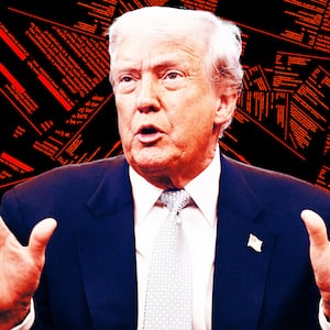 A photo illustration of Donald Trump in front of a collage of the Jeffrey Epstein emails.